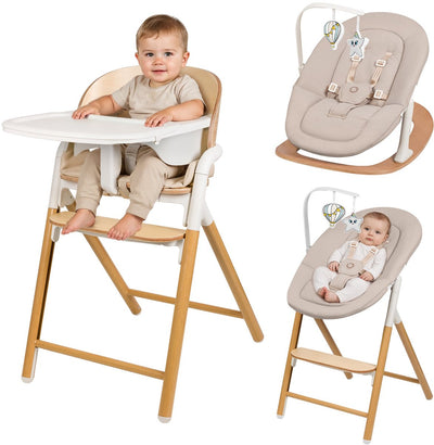 Ensemble Lionelo Celia - chaise haute à bascule 4 en 1 en bois - ensemble bébé harnais 5 points - repose-pieds réglable en hauteur - pour bébé, tout-petit adulte - bois de hêtre de qualité supérieure - avec arche de jeu et plateau