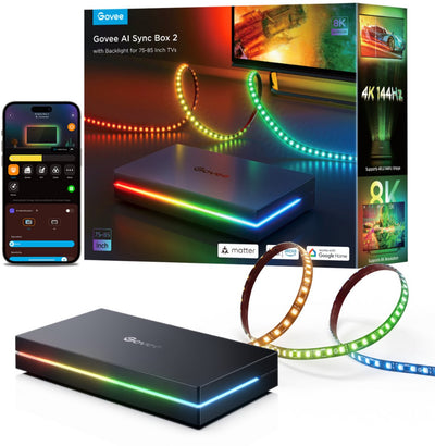 Govee AI Sync Box 2 75-85 pouces - Boîtier de synchronisation HDMI avec éclairage LED - RGBICW - Contrôle par application - Alexa Google - Compatible Matter