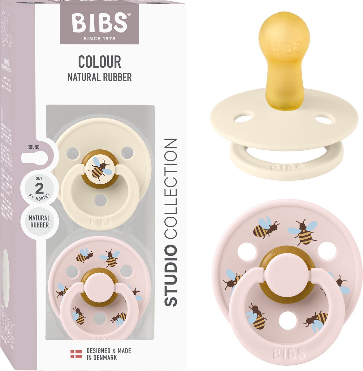 Tétine Bibs Color Studio, lot de 2. Tétine ronde sans BPA. latex de caoutchouc naturel, fabriqué au Danemark, taille 2 (6-18 mois), pétale ivoire