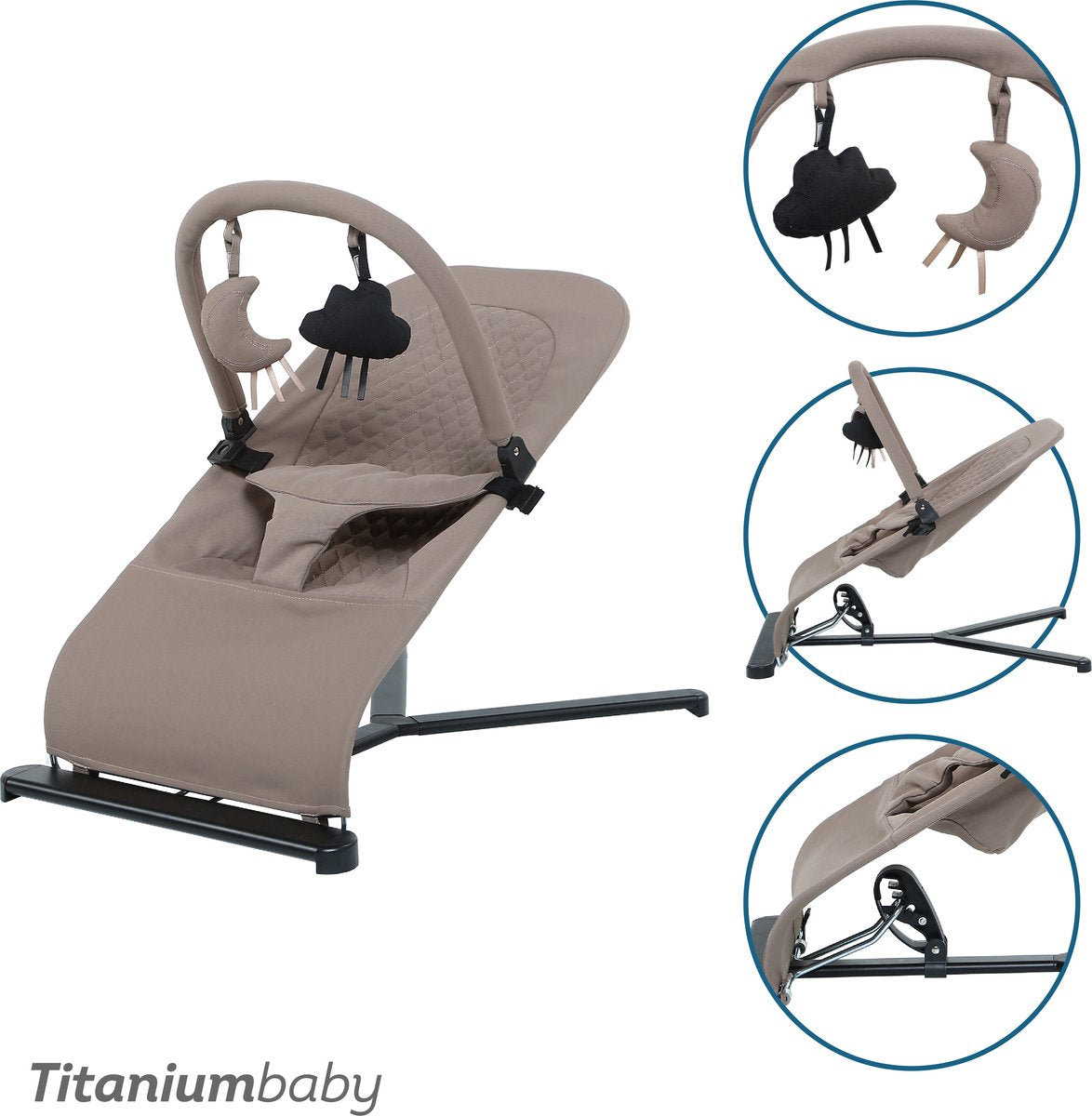 Chaise à bascule en titane pour bébé, solide, suzy, taupe luxuriant, avec arche de jeu