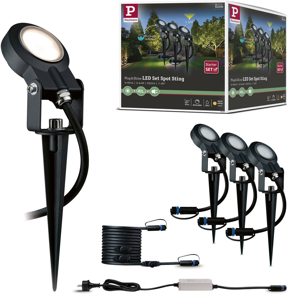 Paulmann plug Shine Spots de jardin LED Sting Kit de base IP67 3000K 3x6,4W 75VA anthracite