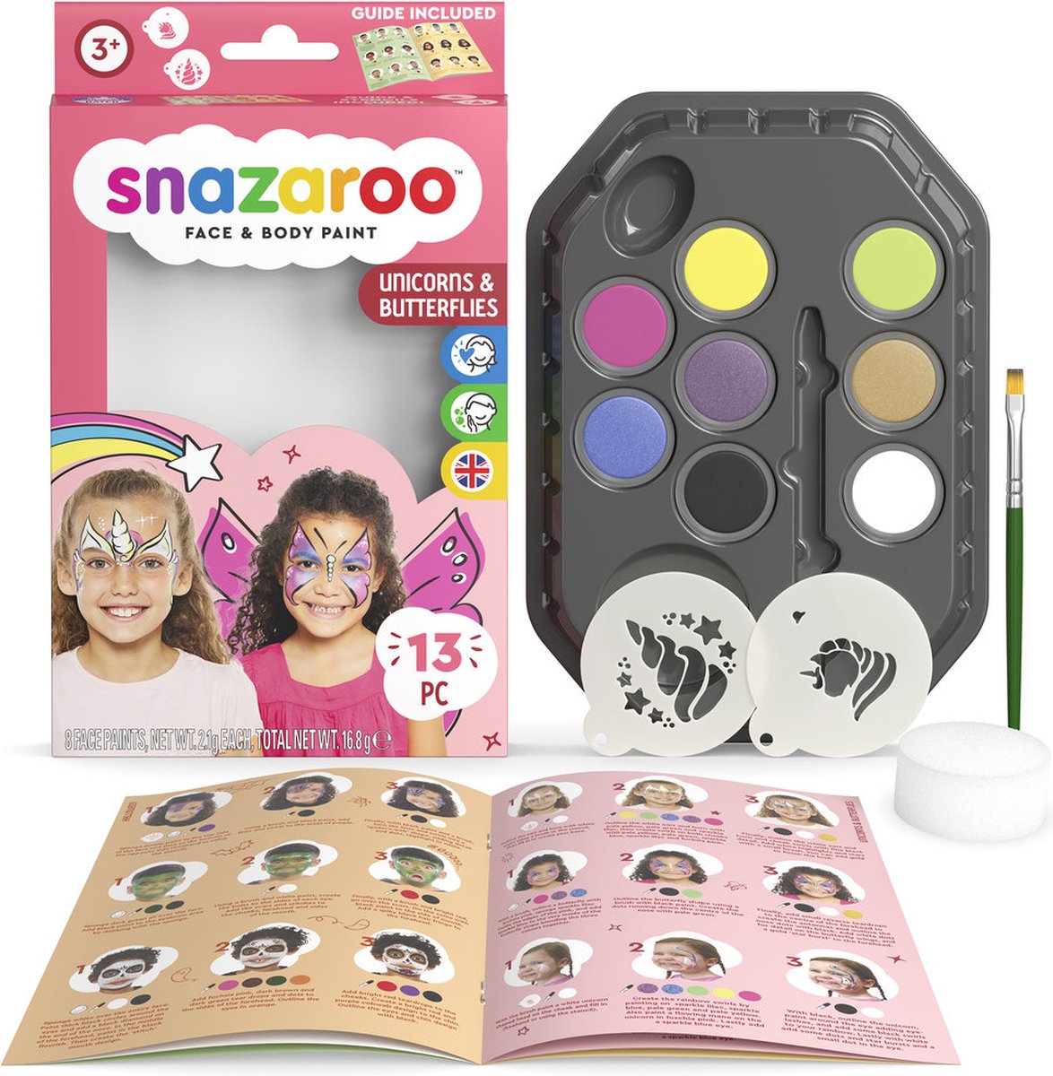 Snazaroo 1172181 Peinture pour le visage aqua papillon licorne - peinture pour le visage pour enfants - ensemble de peinture pour le visage papillon licorne - hypoallergénique sûr
