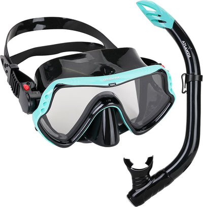 Atlantis samana pro combo - ensemble tuba - lunettes de plongée avec tuba - verre renforcé - dessus sec - sac de rangement de luxe - adultes - noir turquoise