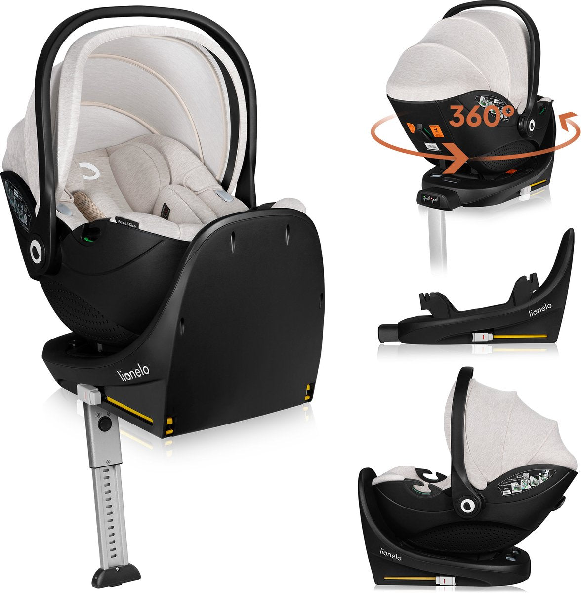 Lionelo moxie i-size set - siège auto avec base ISOFIX rotative - siège auto rwf dès la naissance - tissu bambou - rotation 360° - crochets de ceinture magnétiques - dri-seat - appui-tête avec mousse à mémoire de forme - 4,3 kg - respirant et lavable