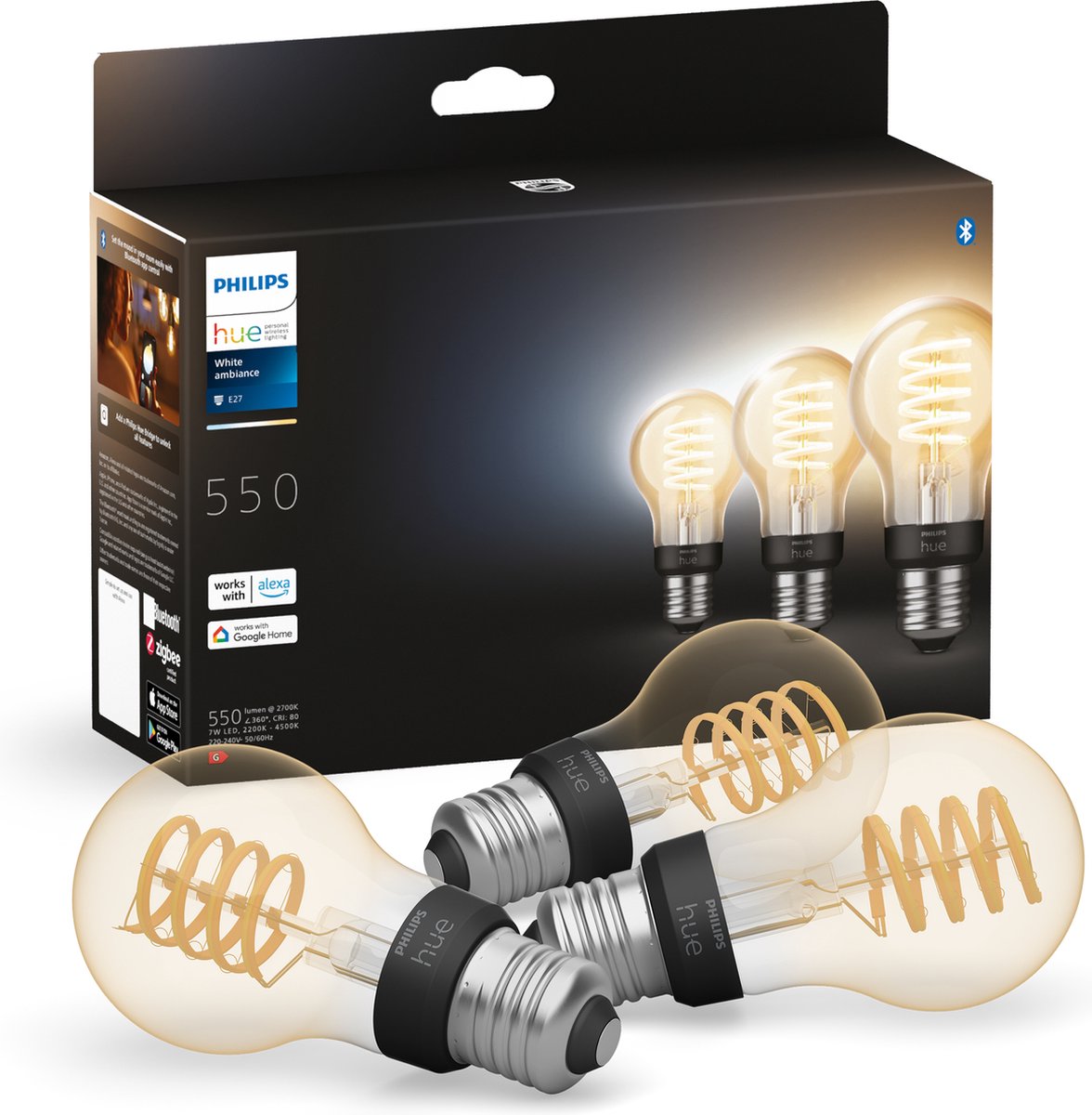 Lampe standard à filament Philips hue a60 - lumière blanche chaude à froide - pack de 3 - e27