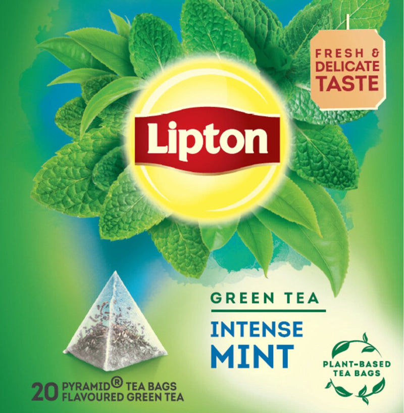 Lipton Thé vert menthe intense - 80 sachets de thé pyramidal - Thé vert menthe intense - 4 x 20 sachets - pack économique