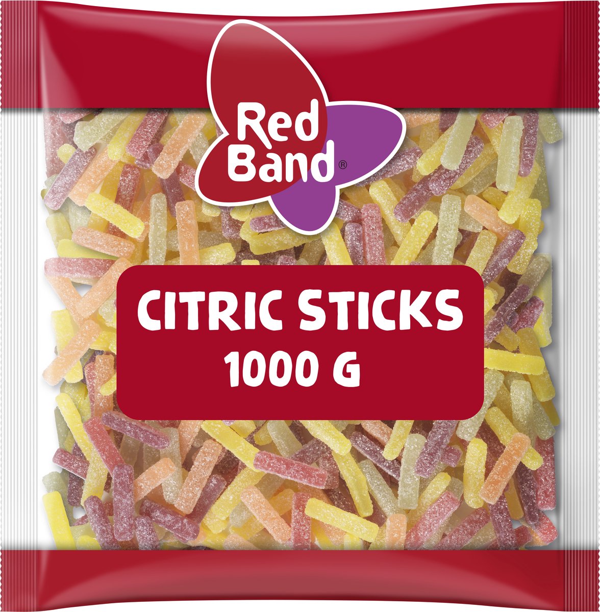 Bonbons en bâtonnets d'agrumes bande rouge - saveur fruits acidulés - sachet 1000g