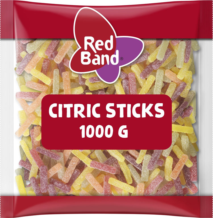 Bonbons en bâtonnets d'agrumes bande rouge - saveur fruits acidulés - sachet 1000g