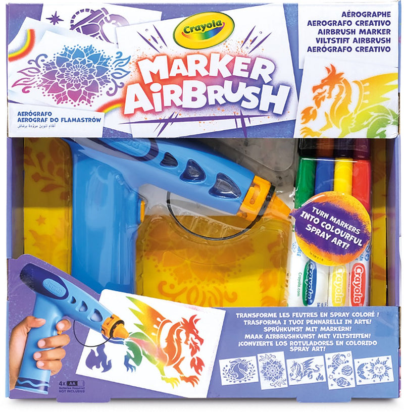 Aérographe marqueur Crayola - pack hobby - pulvérisateur de peinture créatif pour enfants avec 8 marqueurs lavables et 5 pochoirs - jouets éducatifs pour activités artistiques - à partir de 6 ans