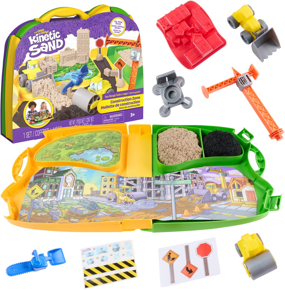 Sable cinétique - ensemble de jeu de chantier avec sable de jeu malléable - 453 g de sable de jeu, 2 camions jouets, grue, outils et boîte de rangement - jouets sensoriels