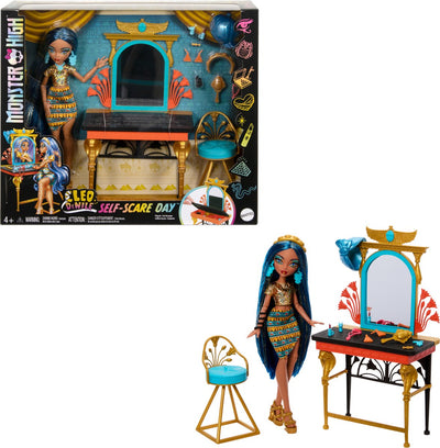 Mattel games monster high cleo de nile - soins personnels avec une touche effrayante - poupée et ensemble de jeu