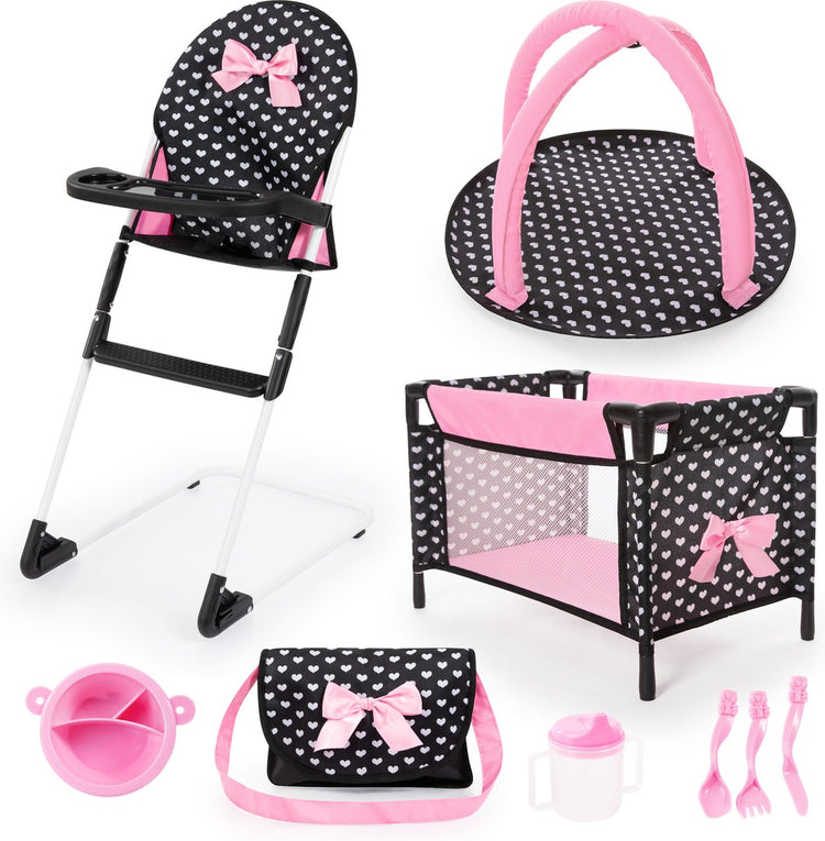 Bayer design - set de voyage 9 en 1 avec lit et chaise haute en noir, blanc et rose