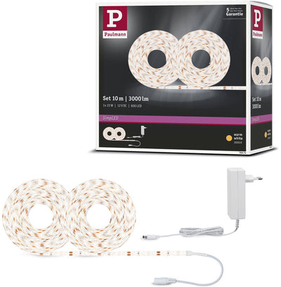 Bande LED Paulmann simpled 10 mètres blanc chaud 3000k - kit plug play - 22w - 300 lm m - 60 LED m - pour l'intérieur - revêtu
