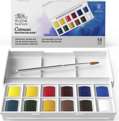 Winsor Newton 0390640 Cotman Ensemble de peinture aquarelle – Ensemble de poche pour croquis – Aquarelle 12 couleurs – Ensemble aquarelle compact avec pinceau de voyage