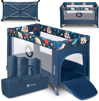 Lit de camping Lionelo Stefi 3 en 1 - lit bébé parc pliant lit de voyage - 60x120 cm - 0-36 mois jusqu'à 15 kg - avec matelas confort - entrée latérale avec fermeture éclair - roulettes - sac de transport