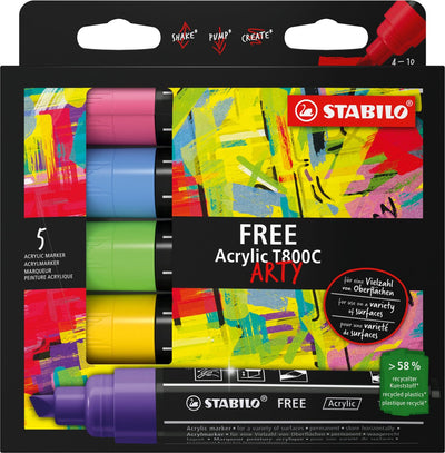 Stabilo free acrylique - marqueur acrylique - set bord de mer t800c - pointe coudée 4-10 mm - étui de 5 couleurs