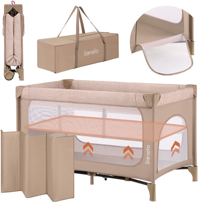 Lit de camping Lionelo Jasmin facile à plier - pliable en quelques secondes - matelas 2 hauteurs T25 - sac de voyage inclus - porte latérale avec fermeture éclair - parois en maille - 2 roues avec frein - structure en acier - 0-36 mois - lit parapluie