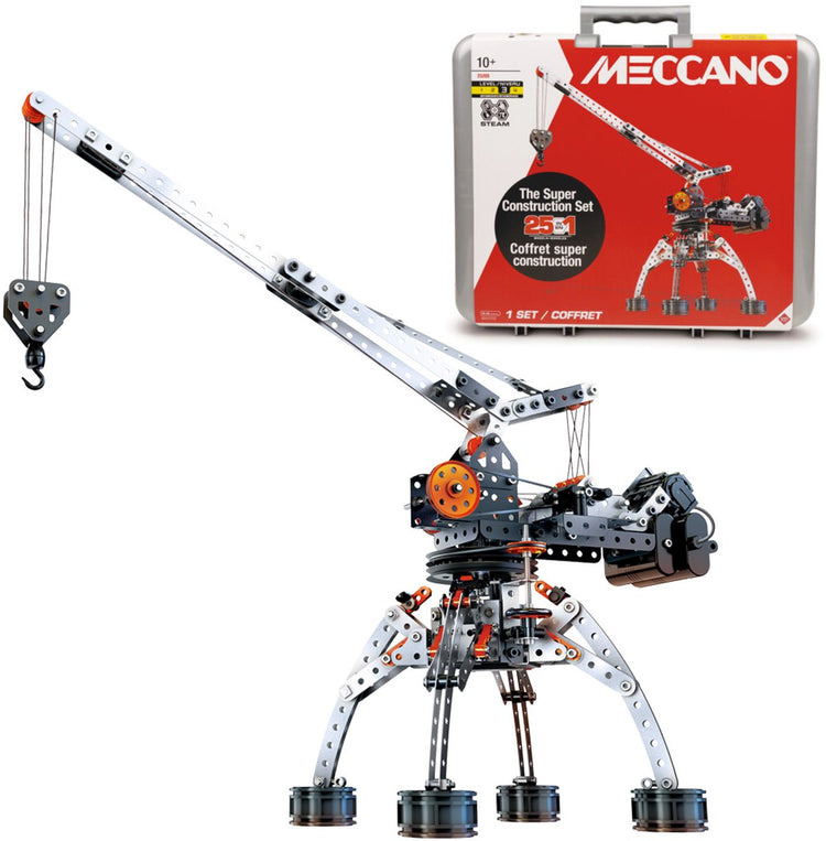Bandai - meccano super construction 25 en 1 - mallette de rangement - 638 pièces, moteur, outils, notice - coffret d'activité de montage 25 modèles de véhicules, machines - jouets enfants 10 ans et + - apm11107