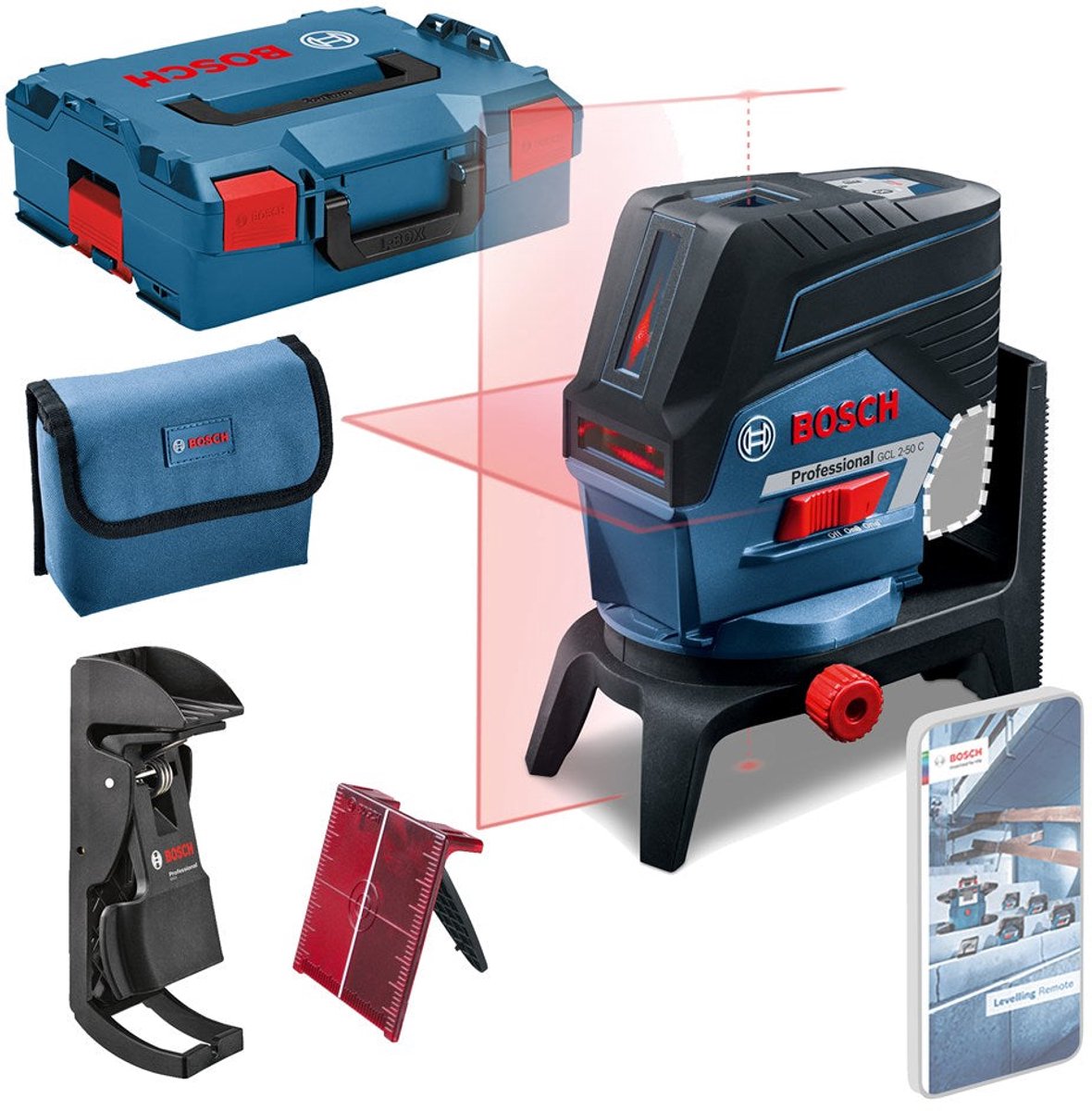 Bosch professional gcl 2-50 c batterie laser à lignes croisées rouge 12v + pince de plafond corps de base en l-boxx - 0601066g08