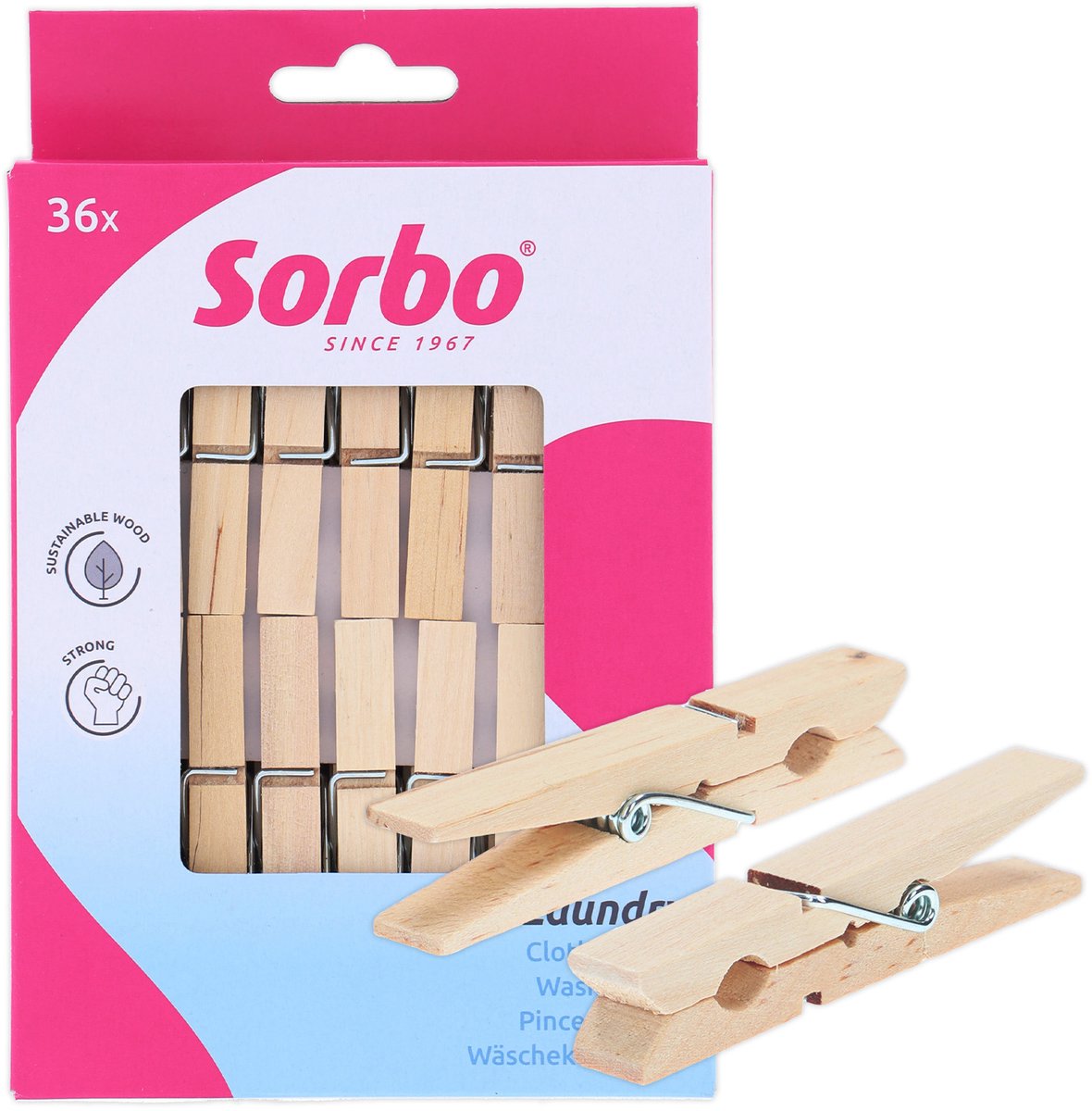 Pinces à linge en bois Sorbo – lot de 36 – certifié FSC® – extra résistantes avec ressort à 7 tours