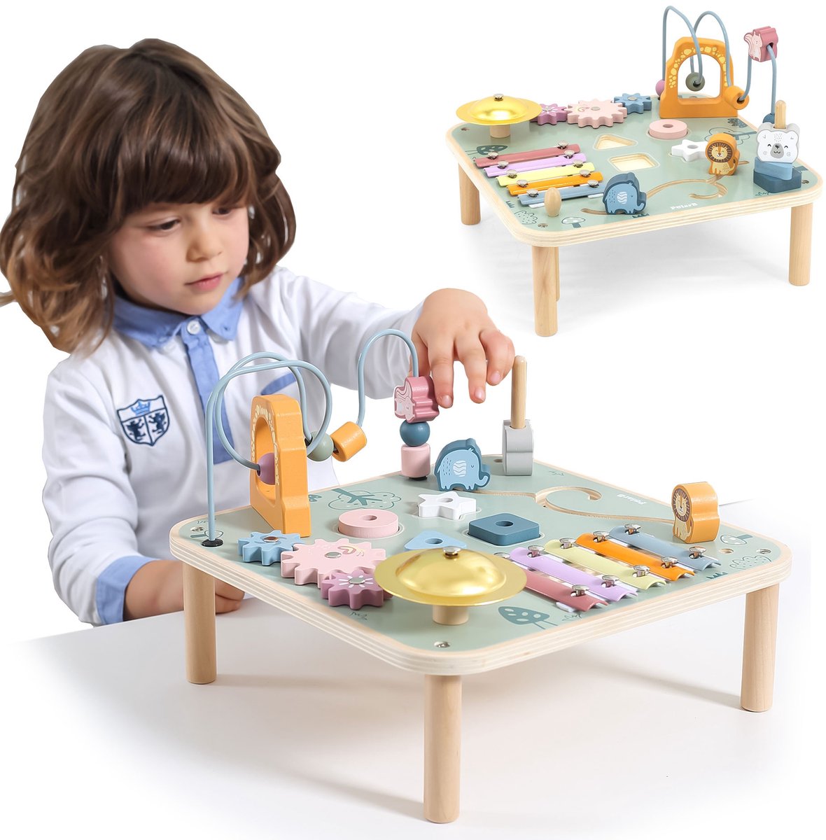 Table d'activités en bois Polarb bébé - table de jeu multifonctionnelle avec trieur de formes, piste de perles, engrenages et instruments de musique - jouets éducatifs à partir de 18 mois