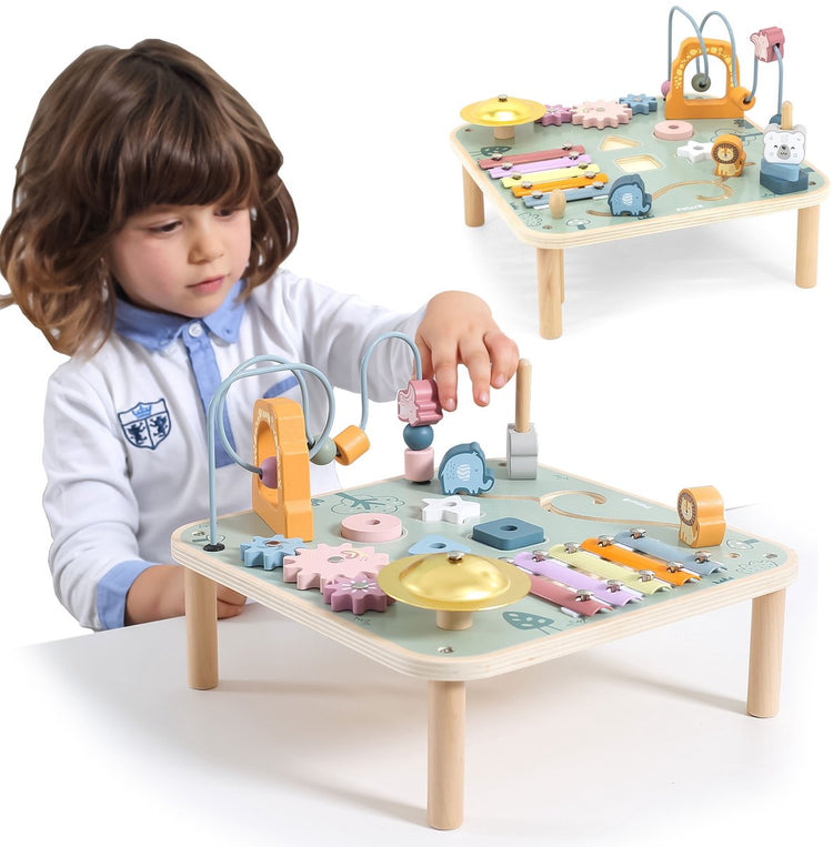 Table d'activités en bois Polarb bébé - table de jeu multifonctionnelle avec trieur de formes, piste de perles, engrenages et instruments de musique - jouets éducatifs à partir de 18 mois