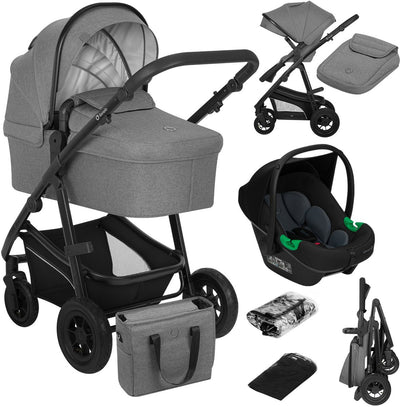 Poussette Lionelo bianka 3 en 1 - nacelle + poussette + siège auto - gros pneumatiques, suspension complète - pliable - barre de poussée réglable - siège réversible buggy - 0-22kg - set d'accessoires - gris