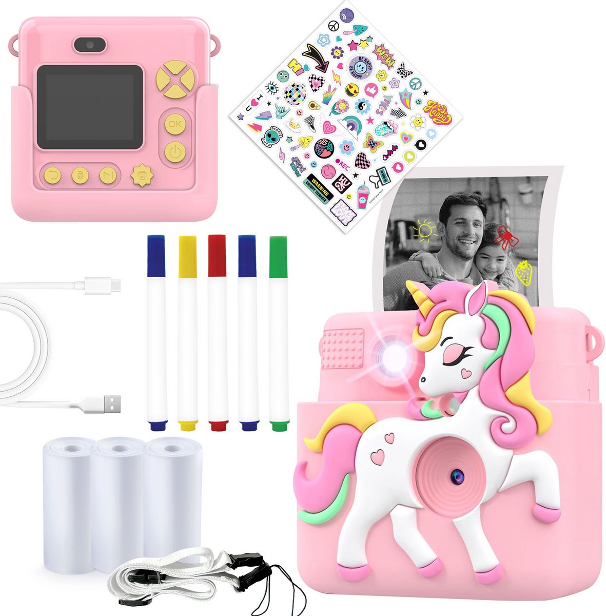 Appareil photo pour enfants Denver Full HD avec imprimante - caméra selfie - 20mp - appareil photo numérique enfants - photo - vidéo - jeux - kpc1363 rose