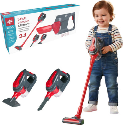 Aspirateur jouet Dirt Devil 3 en 1 - aspirateur balai et aspirateur à main 2 accessoires - fonction d'aspiration fonctionnelle et sons réalistes - pour garçons et filles à partir de 3 ans - gris rouge