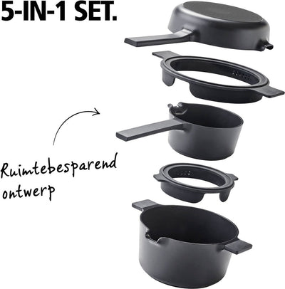 Brabantia compact all-in-one-set – stapelbare 5-delige pannenset camping - 22cm kookpan – 22cm koekenpan- 16cm steelpan- trendy design-stapelbaar - 100% pfas-vrij – 100% gerecycleerd - anti-aanbaklaag- aluminium- - incl. onderzetters - zwart