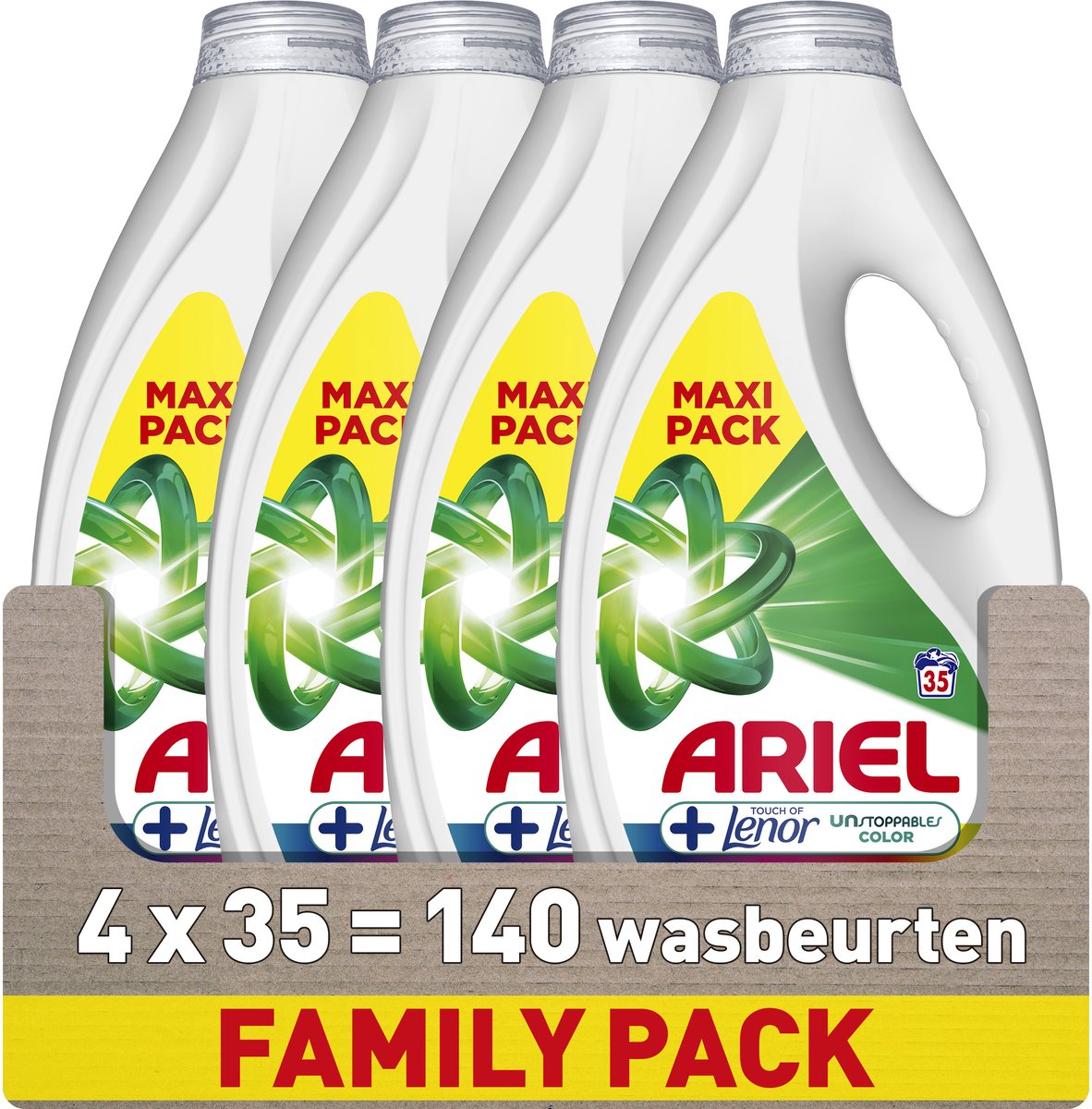 Lessive Ariel + touche de couleur Lenor Unstoppables - 4 x 35 lavages