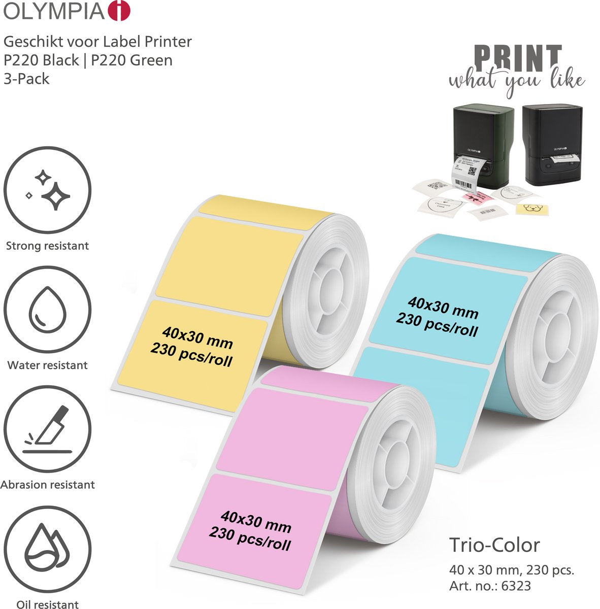 Étiquettes thermiques Olympia ol6323 - 40 x 30 mm - trio-couleur - 230 pcs. - bleu rose jaune - accueil | bureau | passe-temps - pack de 3