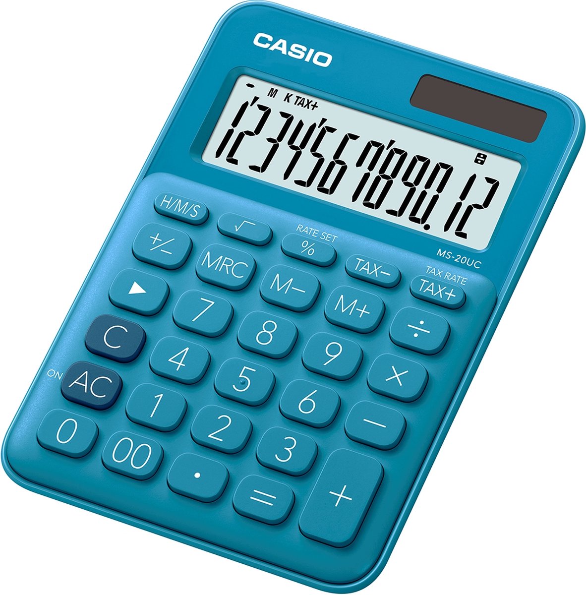 Calculatrice de bureau Casio MS-20UC-BU, à énergie solaire, sur batterie, bleue, nombre de positions d'affichage : 12
