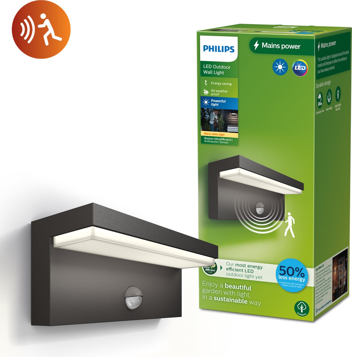 Philips LED Applique Philips Bustan - ultra efficace - anthracite - avec capteur - 3,8w
