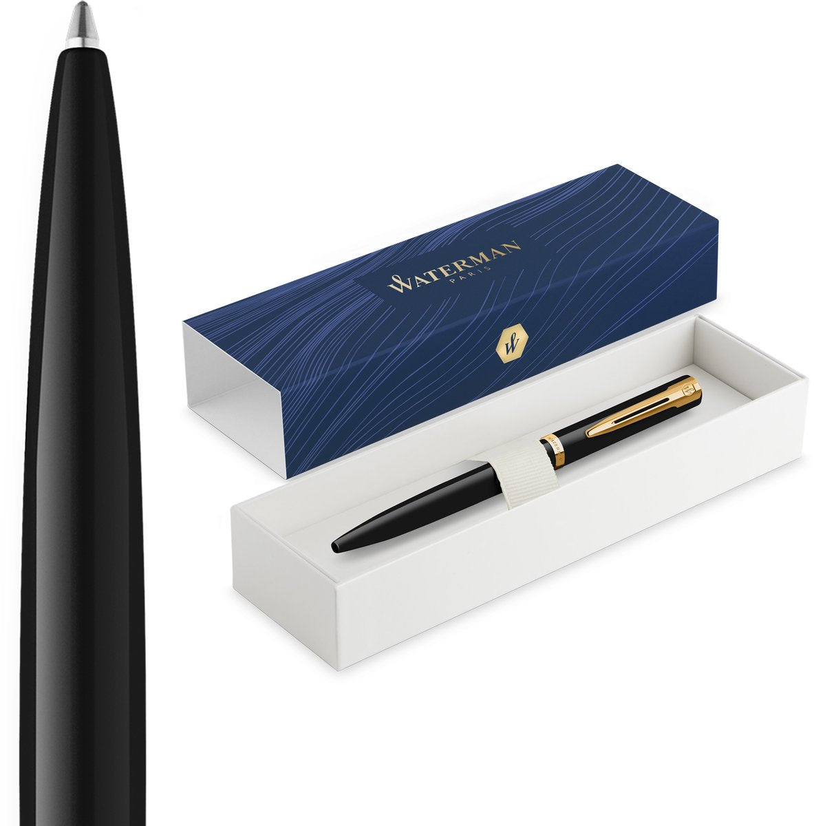 Stylo à bille impression Waterman | pointe moyenne avec recharge d'encre bleue | laque noire avec finition dorée | coffret cadeau