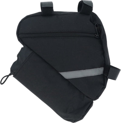 Sacoche de vélo pour cadre Dresco - polyester hydrofuge - compartiment principal verrouillable - poche supplémentaire en bas pour bouteille PET 33 50c ou capsuleuse - fermeture avec 3 fermetures Velcro - bandes réfléchissantes des deux côtés