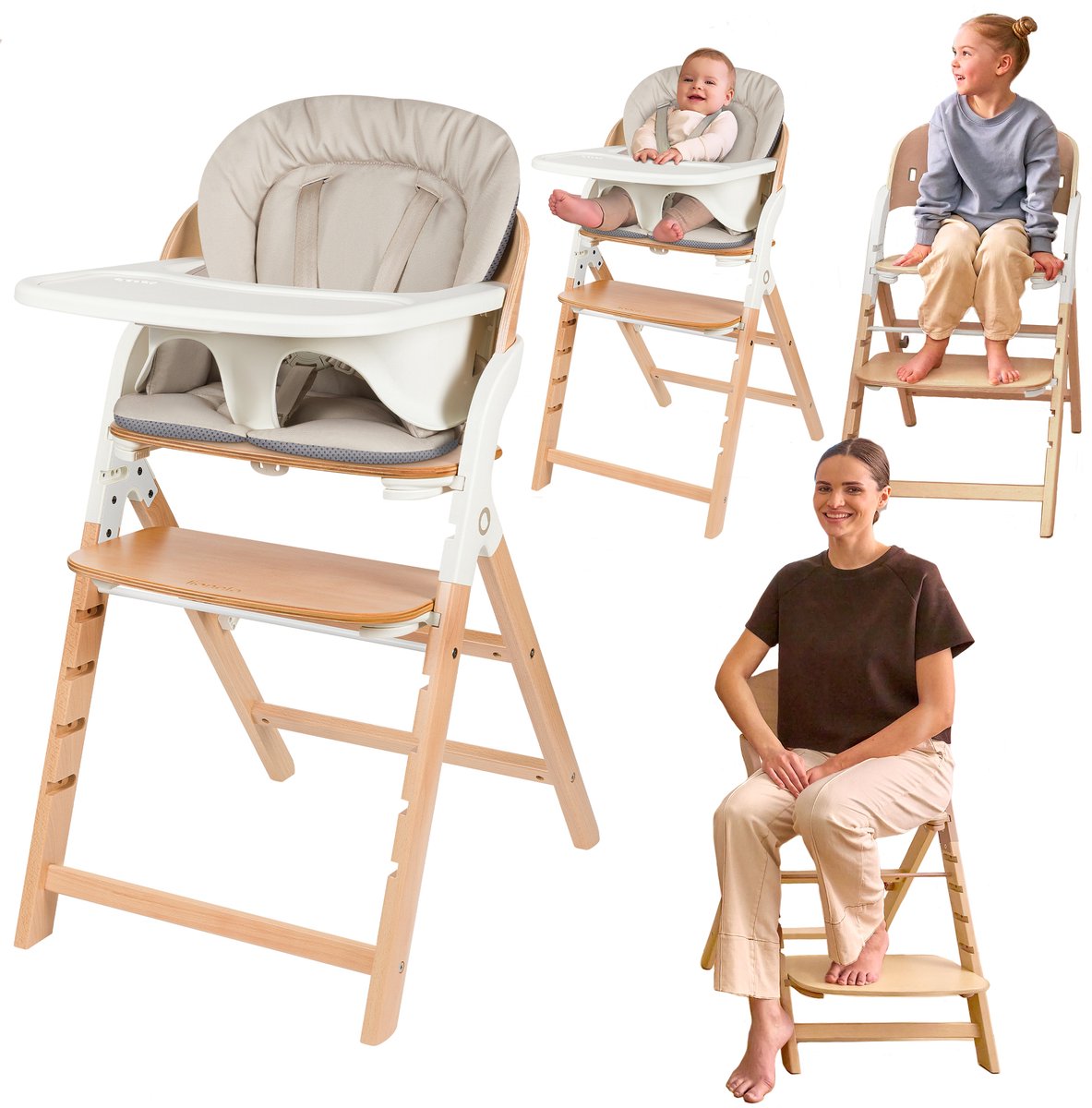 Lionelo Megan - chaise haute en bois chaise de repas bébé - chaise d'évolution 3en1 : de 6 mois à 110 kg - réglable : assise repose-pieds table - harnais 5 points - plateau avec insert en silicone - coussin lavable - pieds antidérapants - chaise bébé