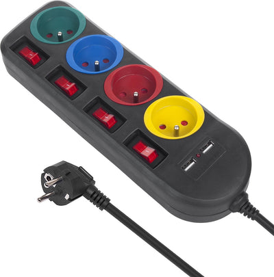 Maclean - multiprise avec interrupteurs avec broche terre - 4x + 2x USB - 250vac 10a, 2,1a 5v - 1,5m - noir