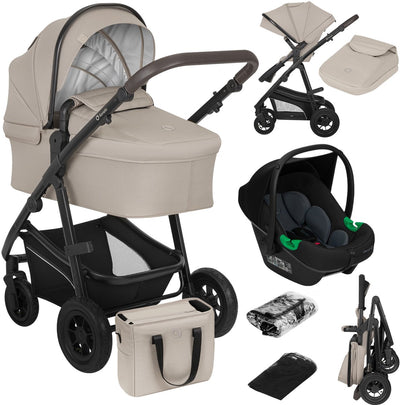 Poussette Lionelo bianka 3 en 1 - nacelle + poussette + siège auto - gros pneumatiques, suspension complète - pliable - barre de poussée réglable - siège réversible buggy - 0-22kg - set d'accessoires - beige