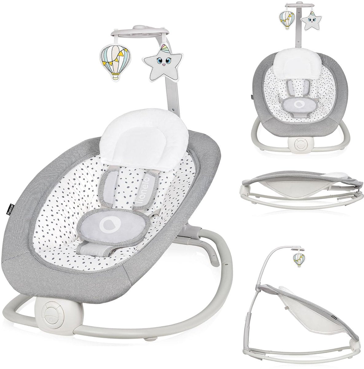 Lionelo Pascal - transat bébé à bascule - avec vibrations douces - 12 mélodies - dossier réglable - arche de jeu avec jouets - harnais 5 points - pliable compact - transat - chaise à bascule