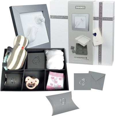 Dooky® cadre 3D mains et empreintes de bébé dooky avec boîte à souvenirs – impression photo et plâtre – doux pour la peau, facile à réaliser – maternité ou cadeau