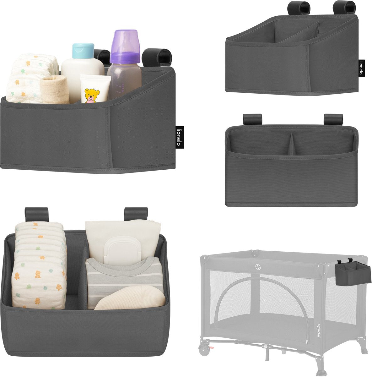 Lionelo sidepocket small – organiseur de berceau de poche de chevet 26×12×15 cm – 2 compartiments pour couches, accessoires lingettes – pour lit de voyage, boîte cododo – renforcé, portable multifonctionnel