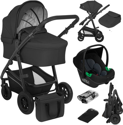 Poussette Lionelo bianka 3 en 1 - nacelle + poussette + siège auto - gros pneumatiques, suspension complète - pliable - barre de poussée réglable - siège réversible buggy - 0-22kg - set d'accessoires - noir
