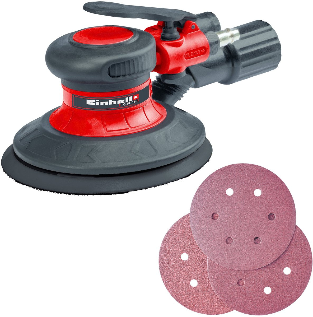 Ponceuse excentrique pneumatique Einhell tc-pe 150 - surface de ponçage : ø 150 mm - adaptée aux travaux de meulage et de ponçage du bois, du fer et du plastique - incl. 6x feuilles abrasives