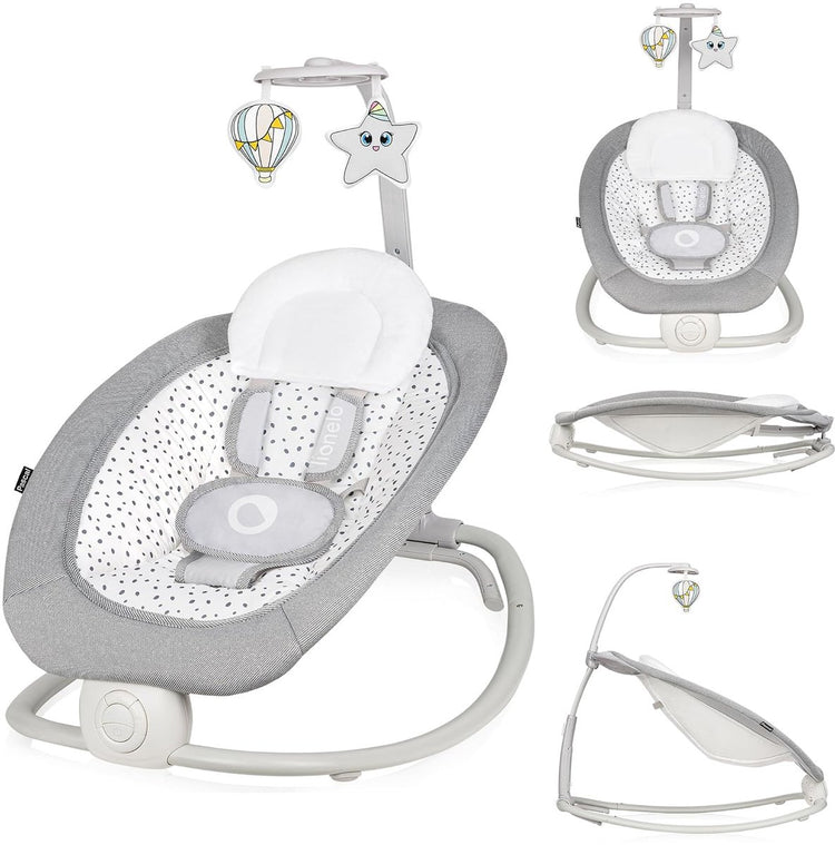 Lionelo Pascal - transat bébé à bascule - avec vibrations douces - 12 mélodies - dossier réglable - arche de jeu avec jouets - harnais 5 points - pliable compact - transat - chaise à bascule