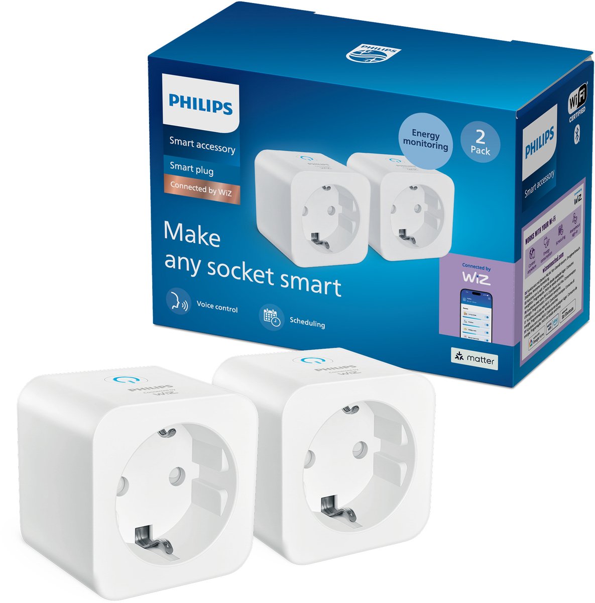 Philips Lighting Philips Smart Lighting - prise intelligente avec compteur électrique - pack de 2 - rend d'autres appareils intelligents - prise type f - blanc - fonctionne avec l'application wiz - wifi