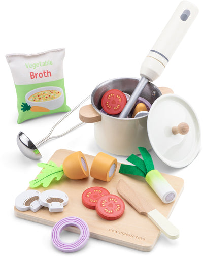 Woet ® ensemble de soupe jouet en bois - ensemble de jouets 'faites votre propre soupe' - fsc - comprenant des légumes, une poêle à découper, une louche - nourriture jouet - ensemble de cuisine de jeu de rôle - à partir de 2 ans