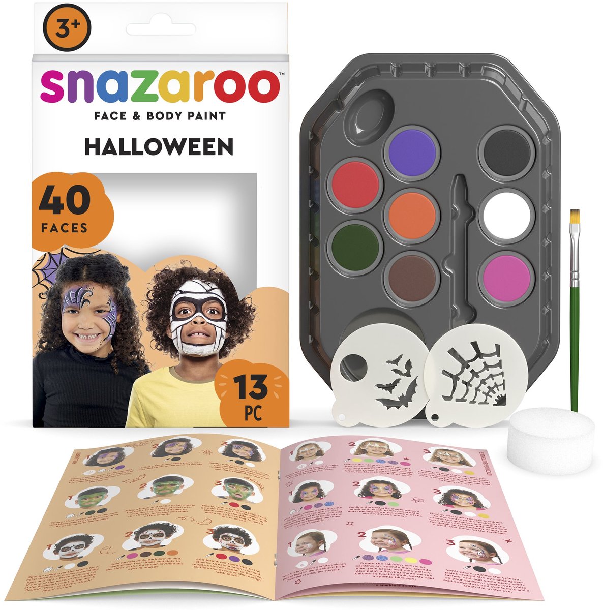 Snazaroo 1172184 Kit de maquillage aquatique pour personnages d'Halloween - Maquillage pour enfants - Kit de maquillage pour sorcière, squelette zombie - 13 pièces, hypoallergénique