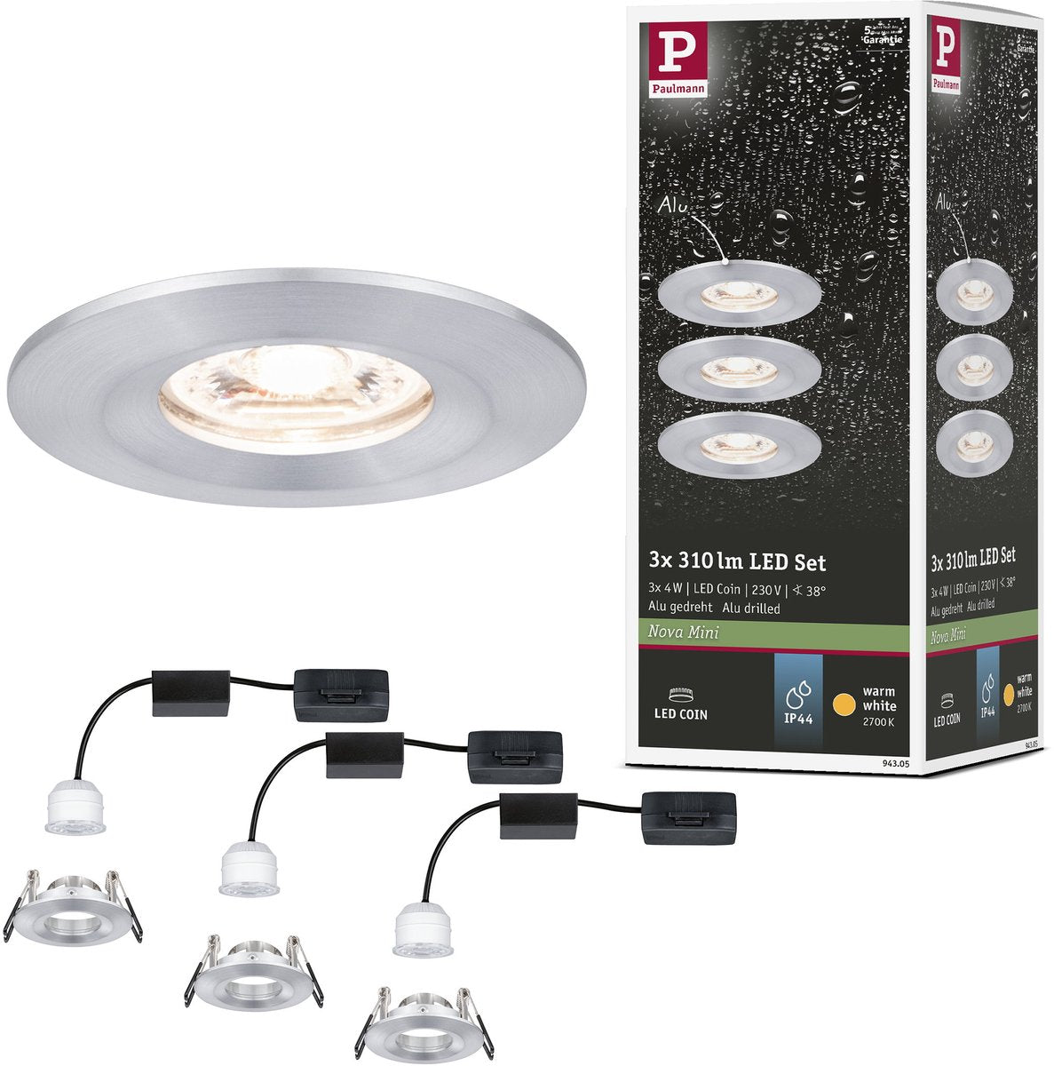 Paulmann Lampe à encastrer LED nova mini coin set de base étoile IP44 ronde 65 mm coin 3x4W 3x310lm 230V 2700K aluminium tourné