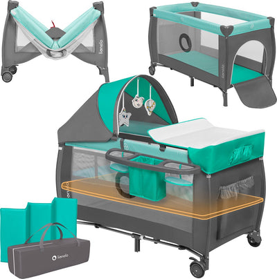 Lit de camping évolutif Lionelo sven plus 2en1 - 127x60 cm - lit de voyage co-dodo - jusqu'à 15 kg - avec table à langer, organiseur, moustiquaire jouets interactifs - système de verrouillage - 2 hauteurs réglables - sac de transport rapidement pliable